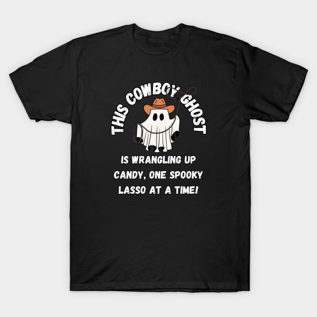 This cowboy ghost is wrangling up candy, one spooky lasso at a time! Halloween T-Shirt by Project Charlie